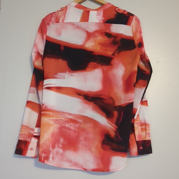 Calvin Klein Blouse Womens Small Orange Red and Black Abstract Sheer Button Up - Picture 2 of 7